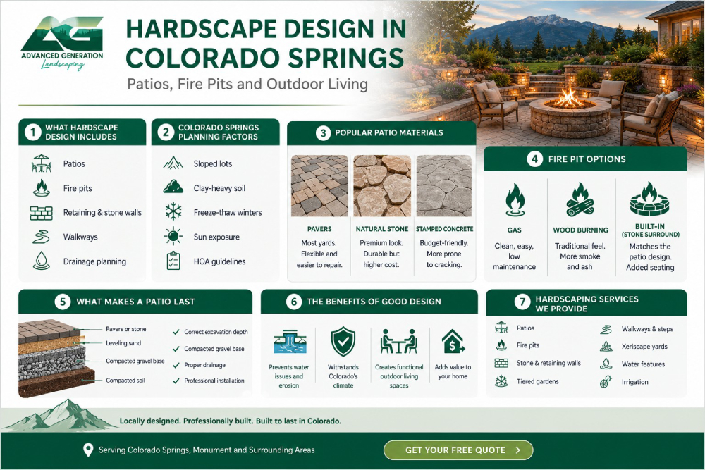 Hardscape design Colorado Springs infographic covering patios, fire pits, materials, drainage, planning factors, and installation