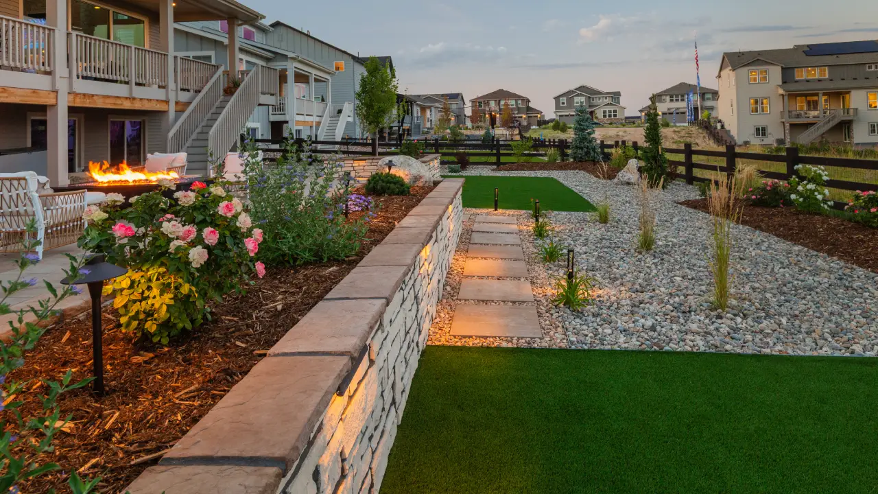 A landscaped backyard features artificial grass, stone paths with ground lighting, flower beds, and a retaining wall behind a row of suburban houses.